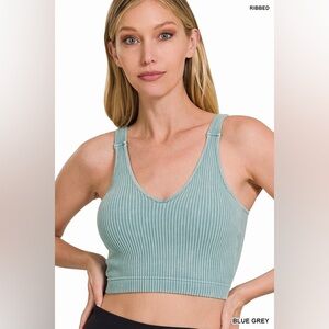 Zenana WASHED RIBBED CROPPED SEAMLESS BRA PADDED TANK TOP